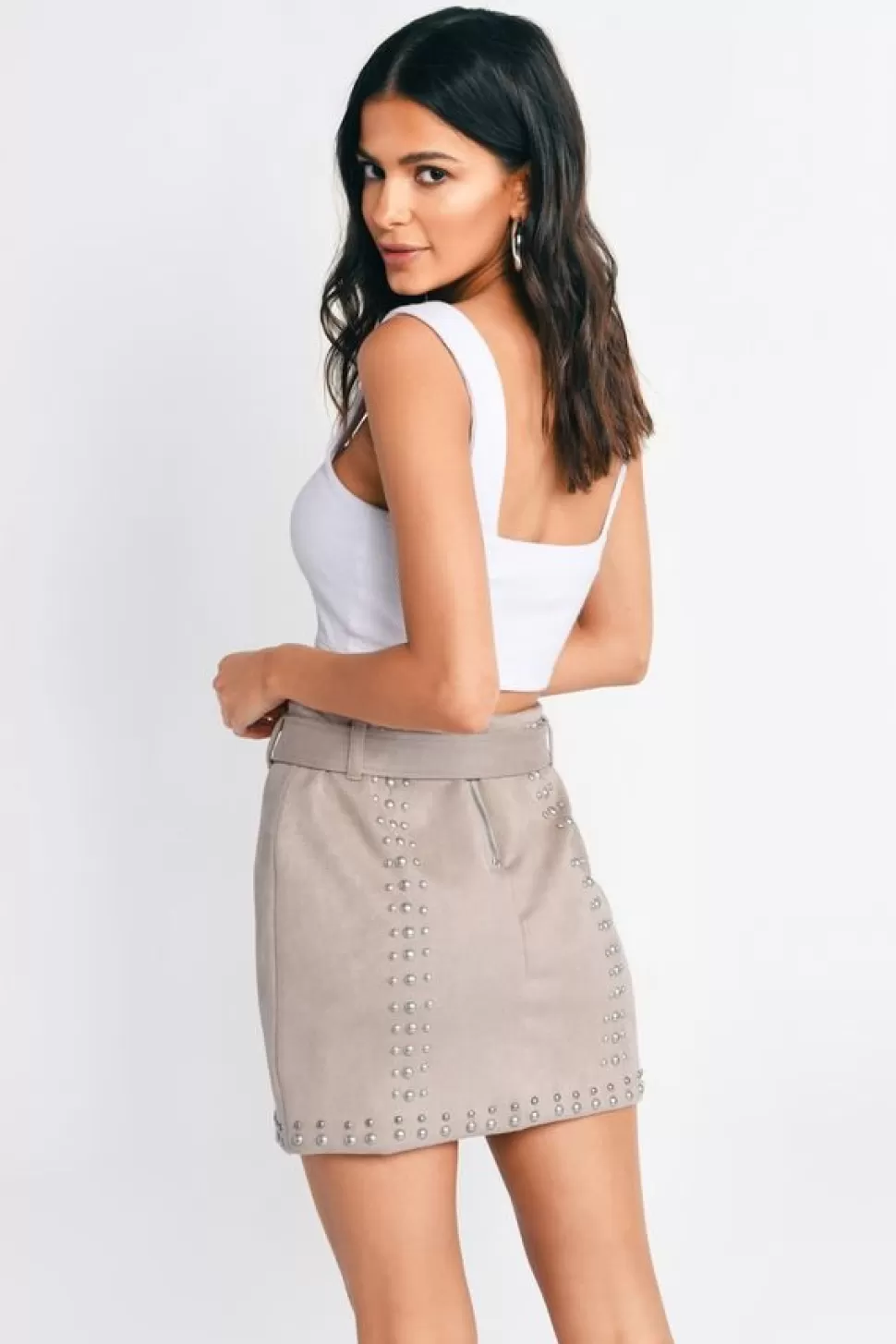 Skirts*Tobi Renee Long Hanging Belted Faux Suede Skirt Stone