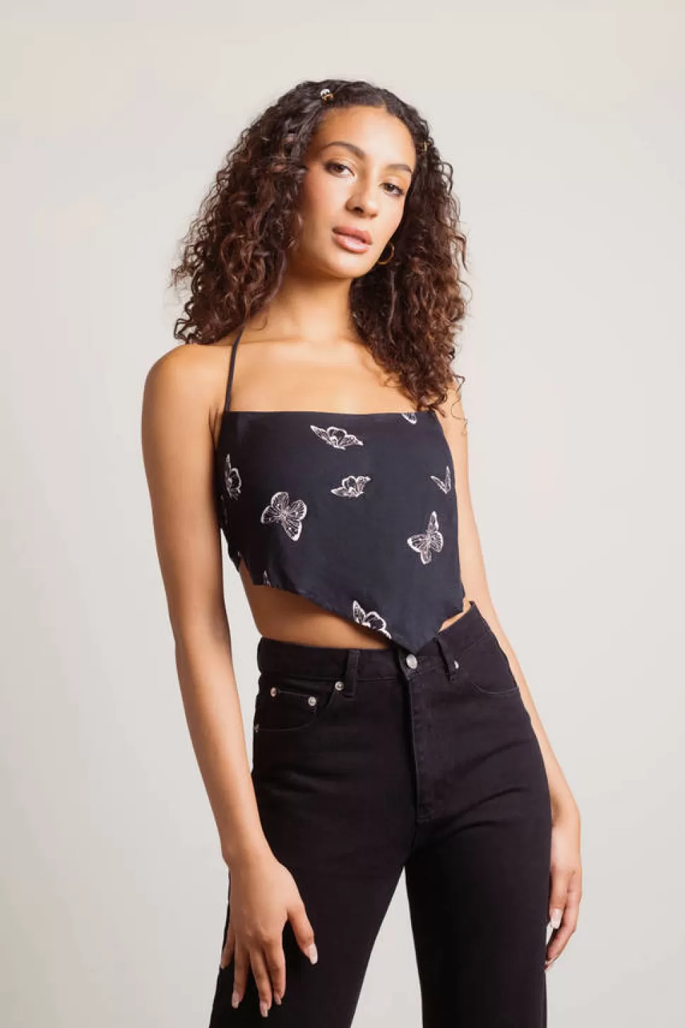 Sexy Tops*Tobi Resting Butterfly Halter Scarf Crop Top Black