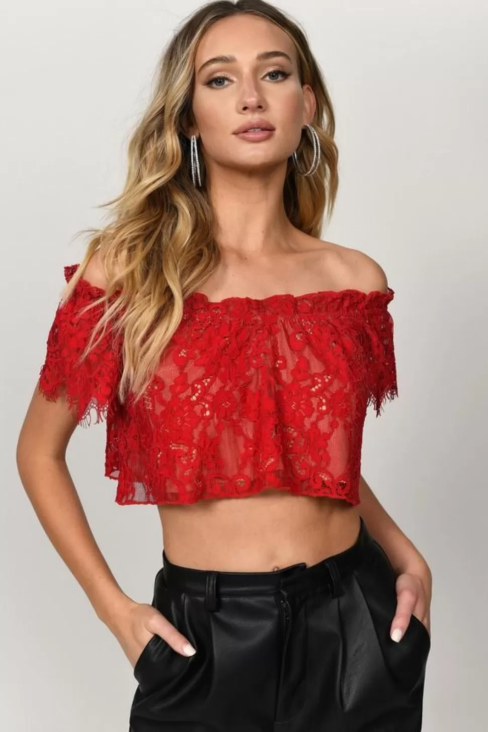 Off The Shoulder Tops*Tobi Riley Lace Off Shoulder Crop Top Red | White | Sienna