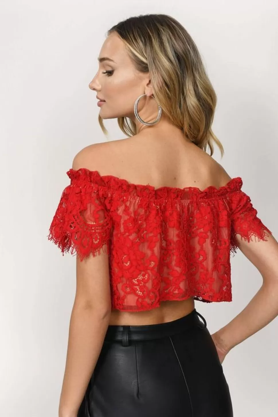 Off The Shoulder Tops*Tobi Riley Lace Off Shoulder Crop Top Red | White | Sienna