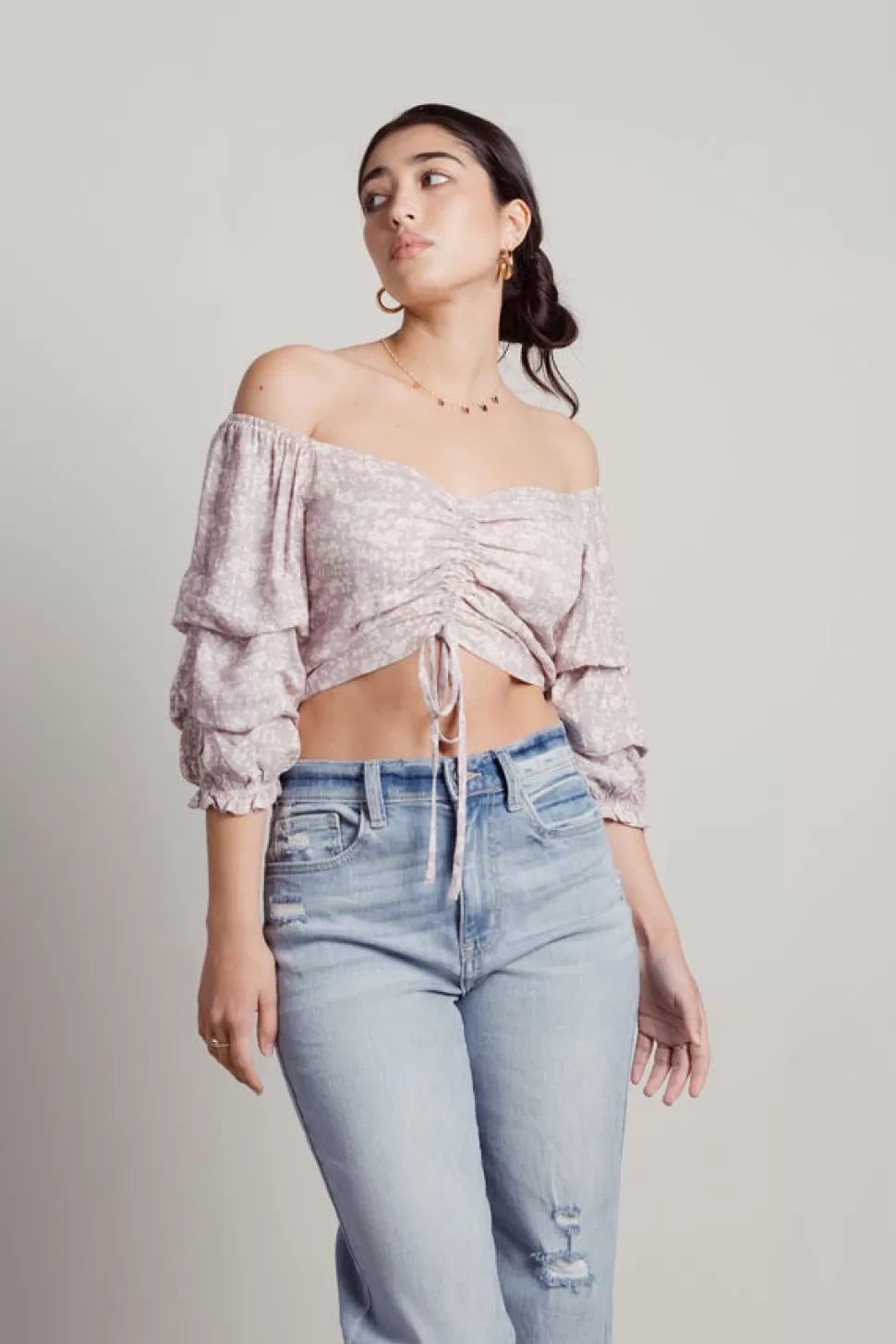 Off The Shoulder Tops*Tobi Rocco Floral Off Shoulder Ruched Crop Top Lilac