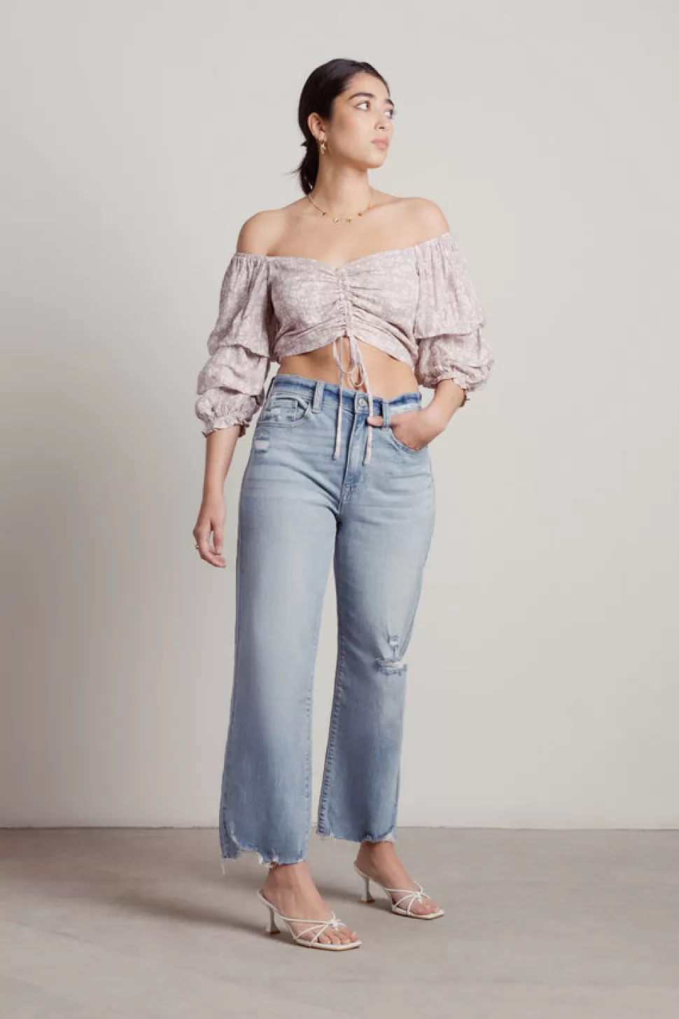 Off The Shoulder Tops*Tobi Rocco Floral Off Shoulder Ruched Crop Top Lilac