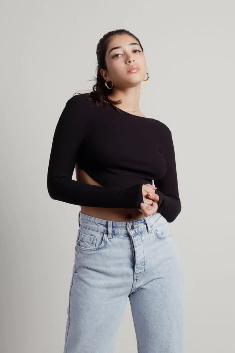 Long Sleeve Tops*Tobi Rumi Open Back Long Sleeve Crop Top Black | Off White