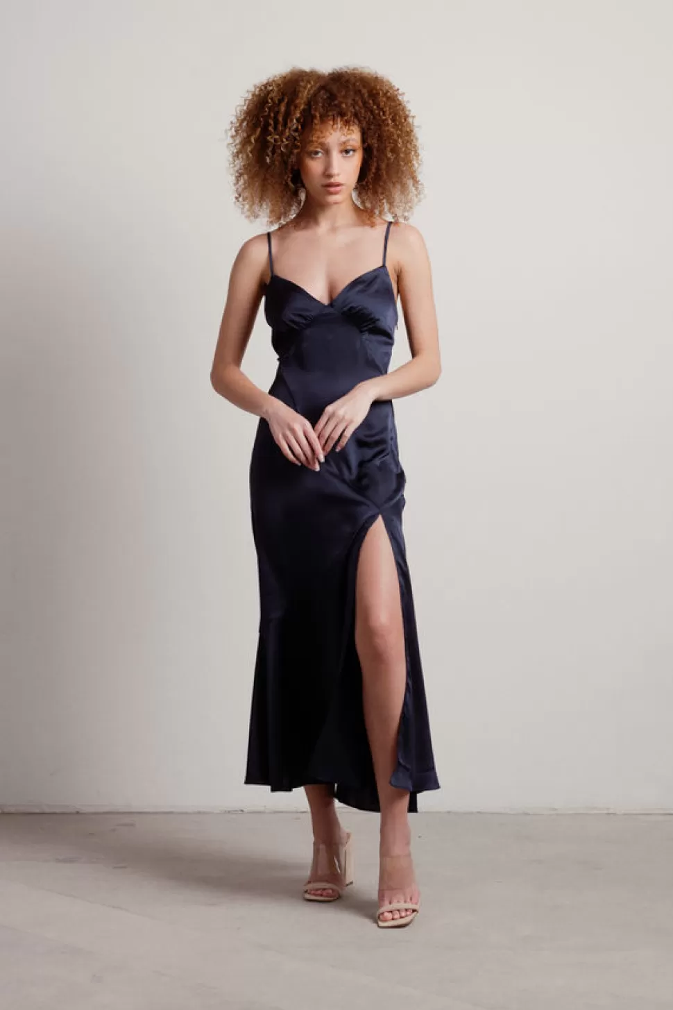 Black Tie & Evening Dresses*Tobi Rylie Satin Slit Midi Dress Navy