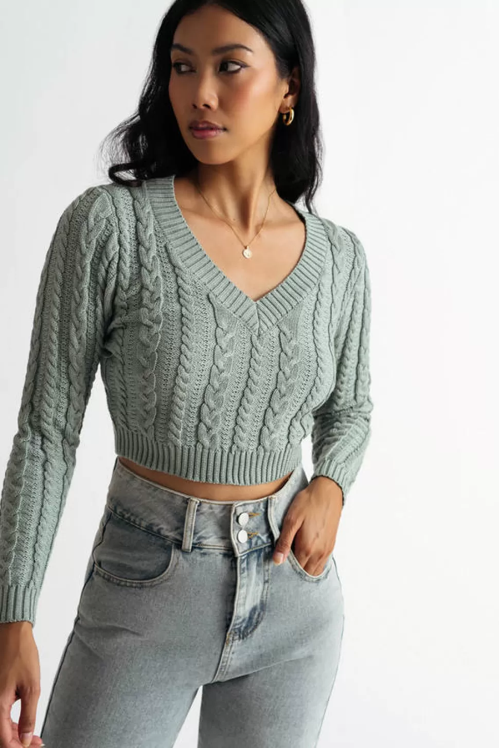 Long Sleeve Tops*Tobi Sammie V-Neck Cable Knit Crop Sweater Sage