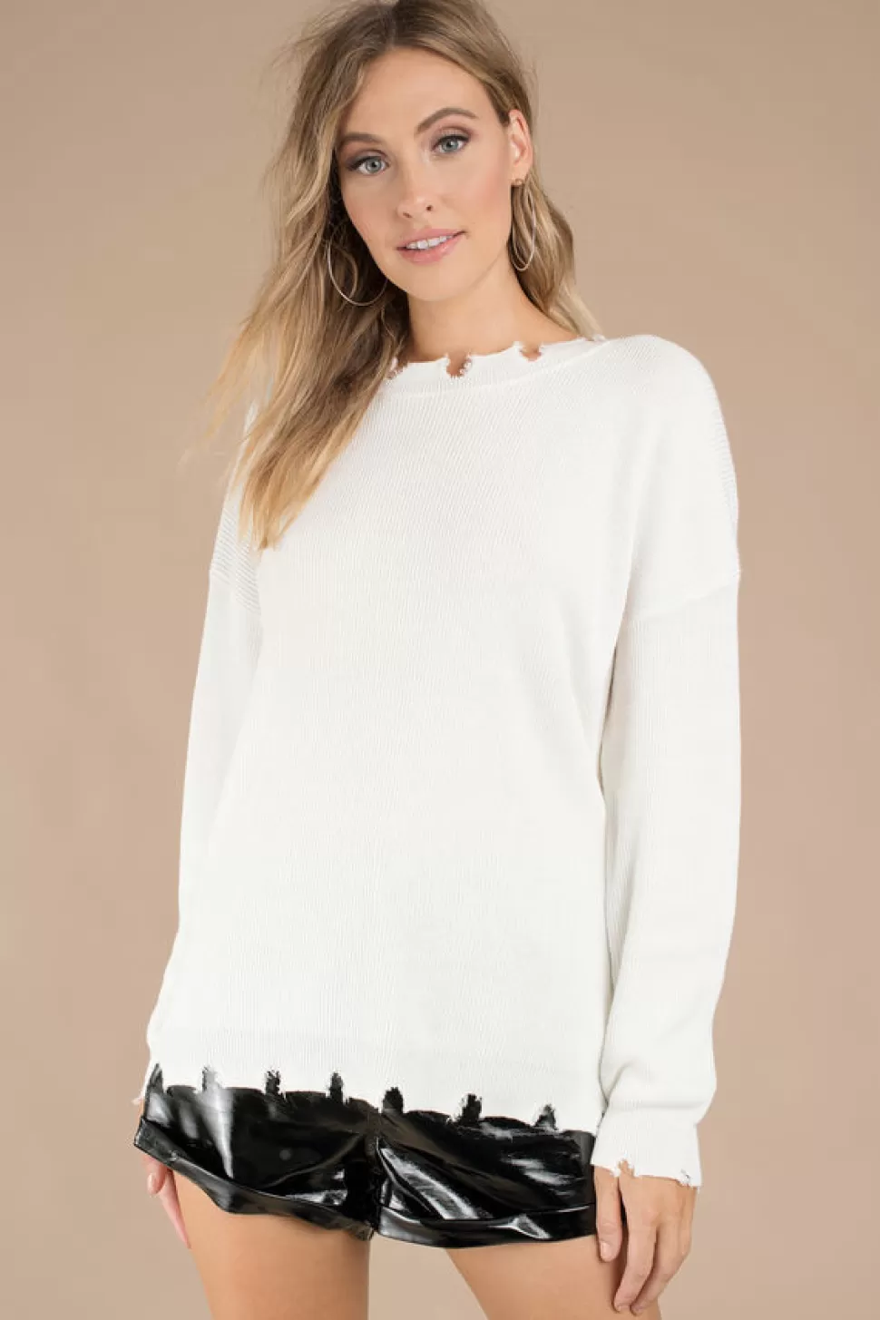 Long Sleeve Tops*Tobi Sandy Distressed Sweater White