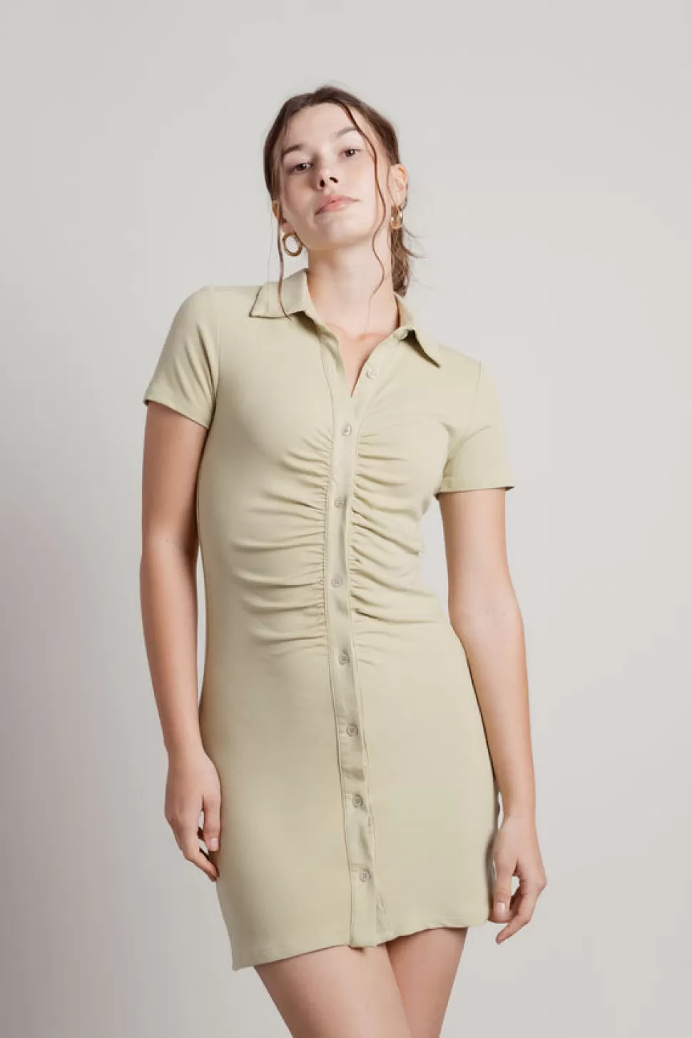 Casual Dresses*Tobi Saturn Collared Ruched Button Ribbed Bodycon Dress Sage