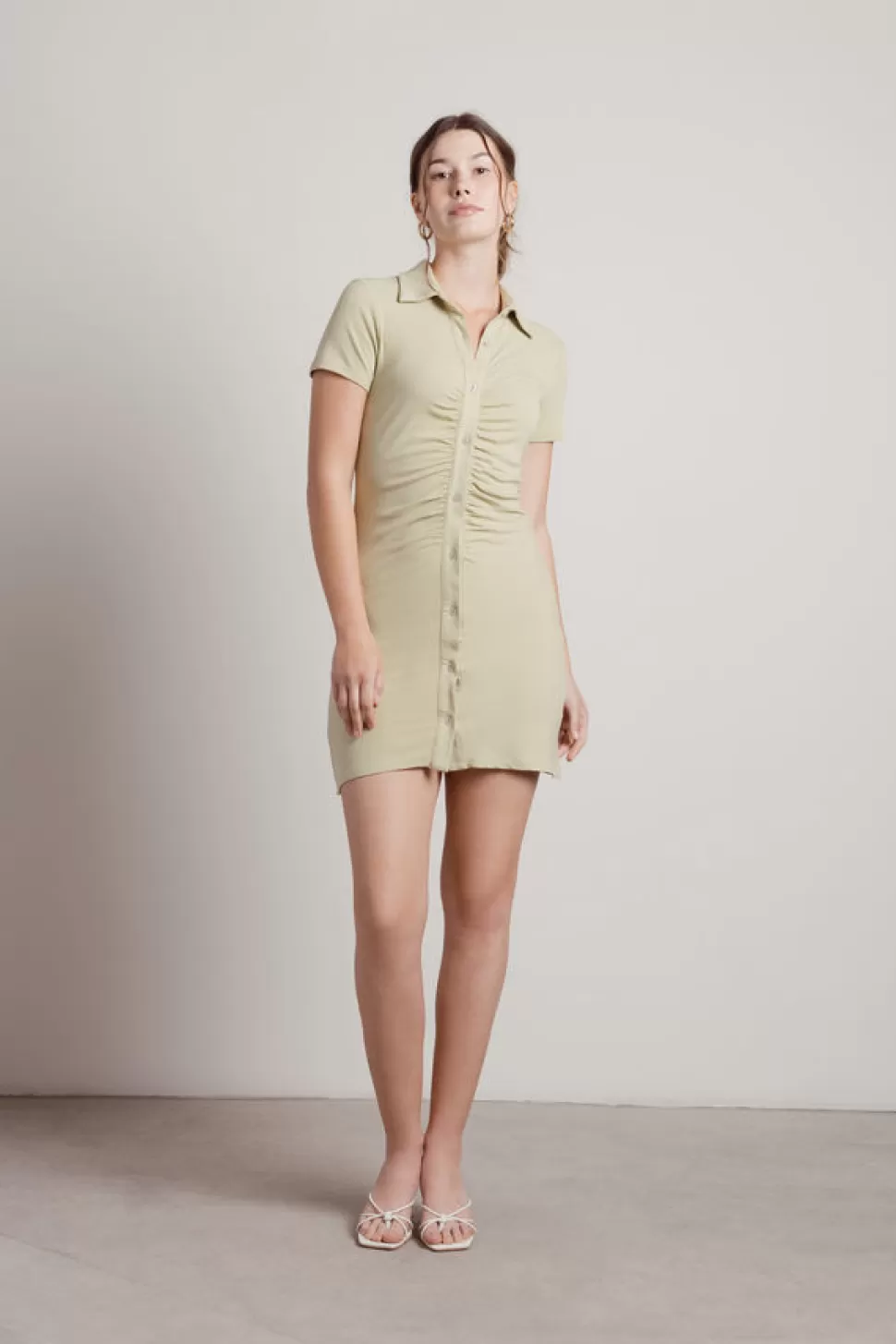 Casual Dresses*Tobi Saturn Collared Ruched Button Ribbed Bodycon Dress Sage