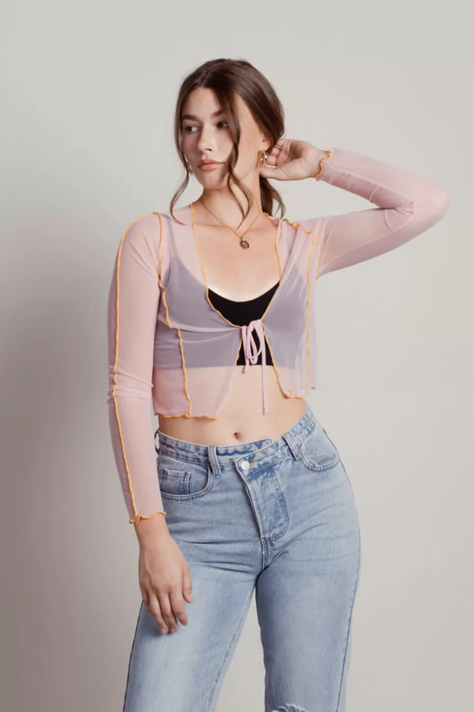 Pink Tops*Tobi See It All Sheer Contrast Overlock Crop Top Blush