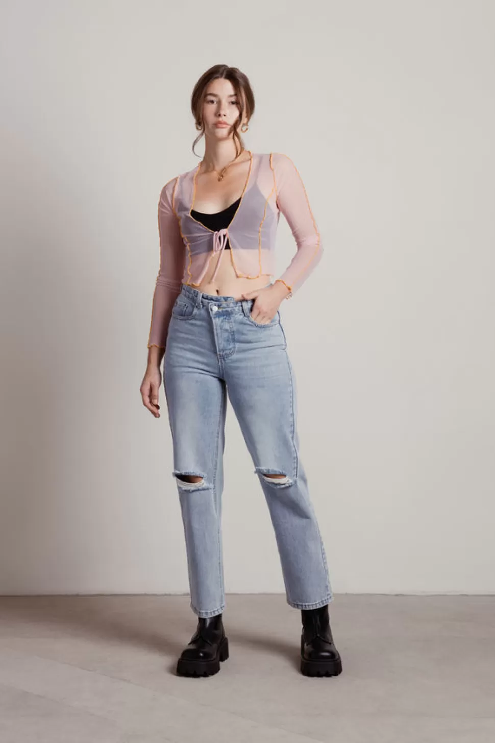 Pink Tops*Tobi See It All Sheer Contrast Overlock Crop Top Blush