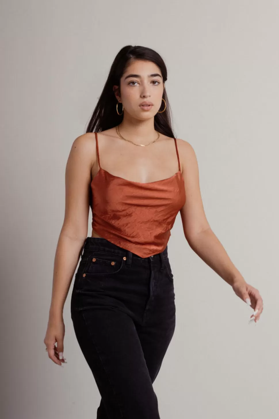 Going Out Tops*Tobi See The Future Satin Cowl Neck Scarf Crop Top Rust | Slate Blue