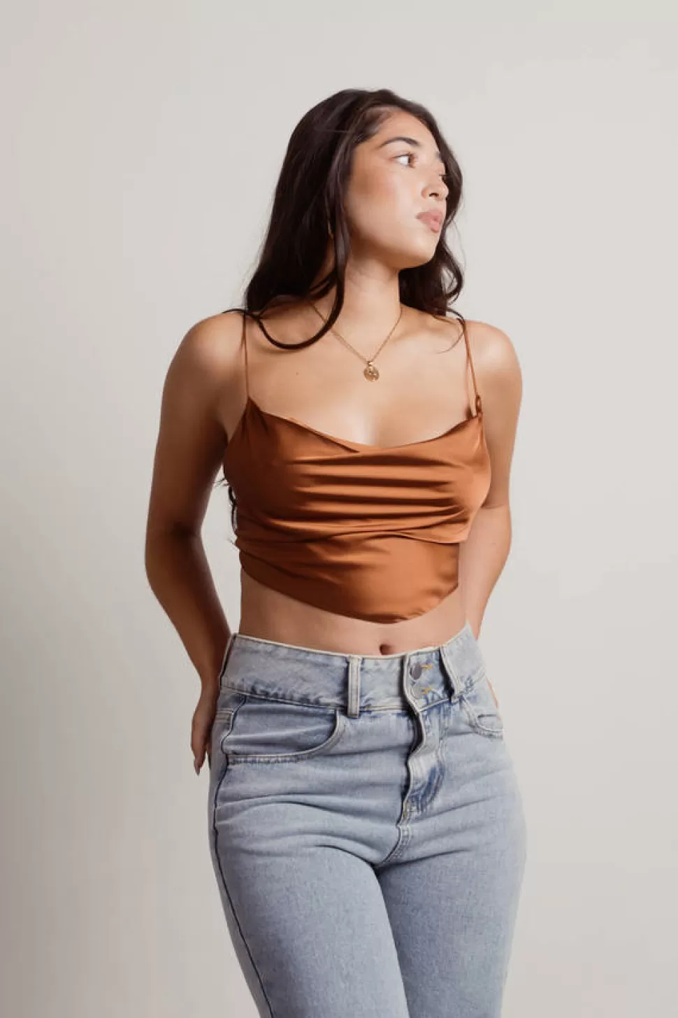 Sexy Tops*Tobi Seen Enough Satin Cowl Neck Handkerchief Crop Top Brown | Mocha Grey