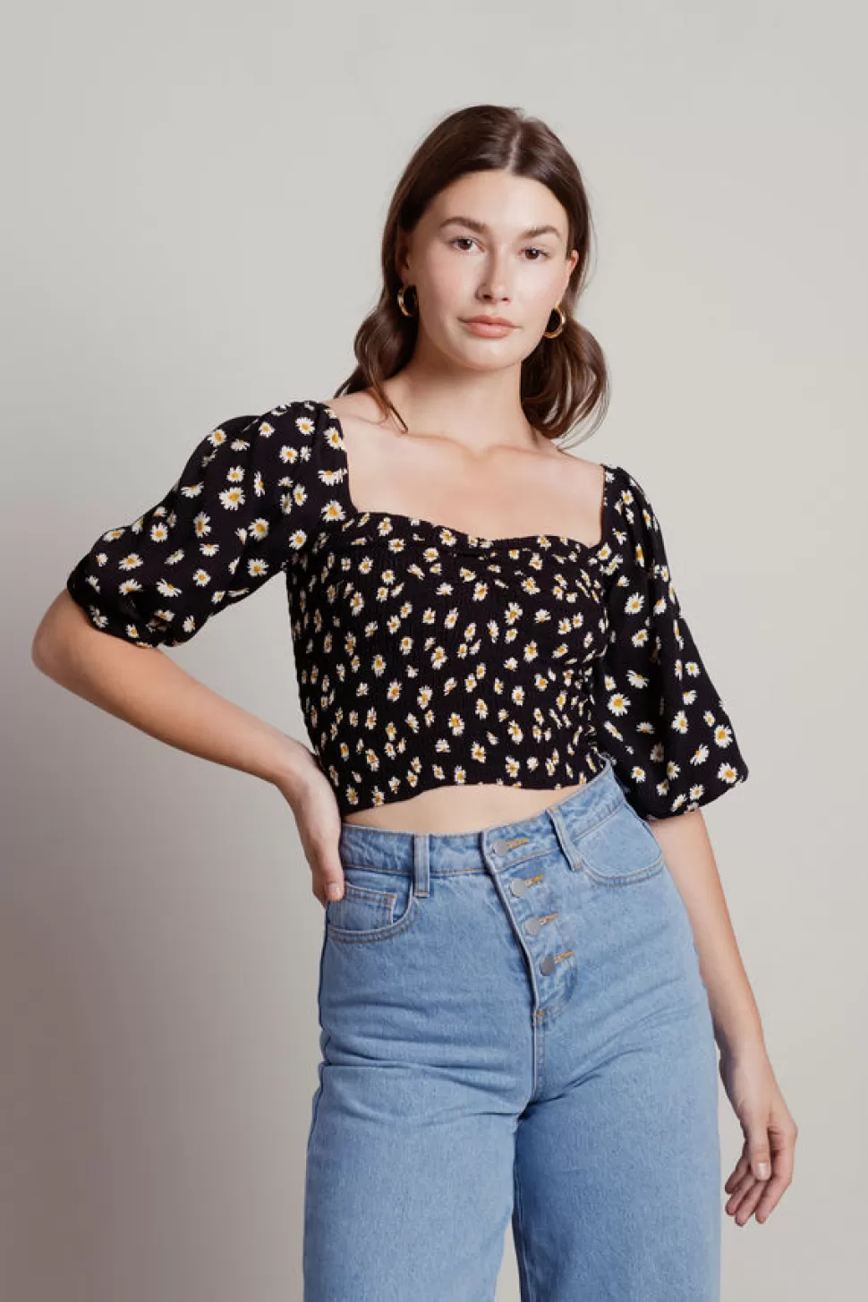 Blouses & Shirts*Tobi She Said Daisy Smocked Bustier Crop Top Black