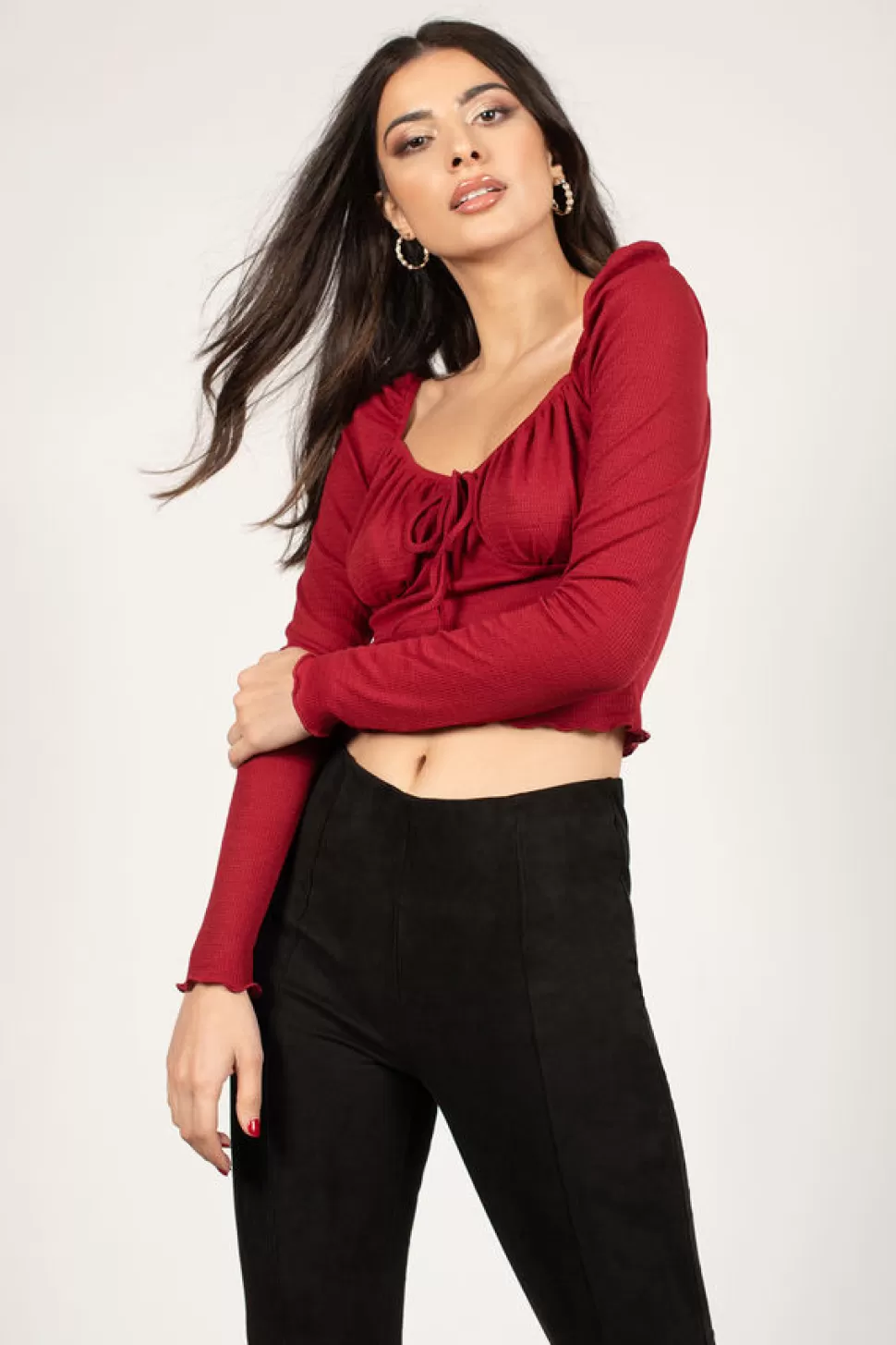 Red Tops*Tobi Shortend Bustier Long Sleeve Top Wine