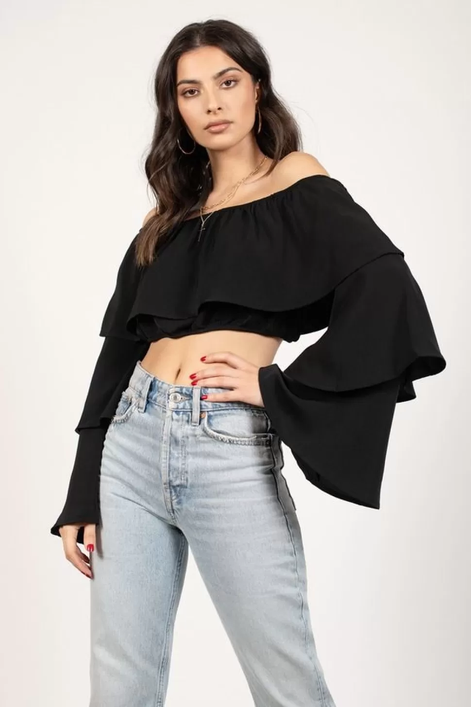 Long Sleeve Tops*Tobi Show Off Shoulder Ruffled Blouse Black