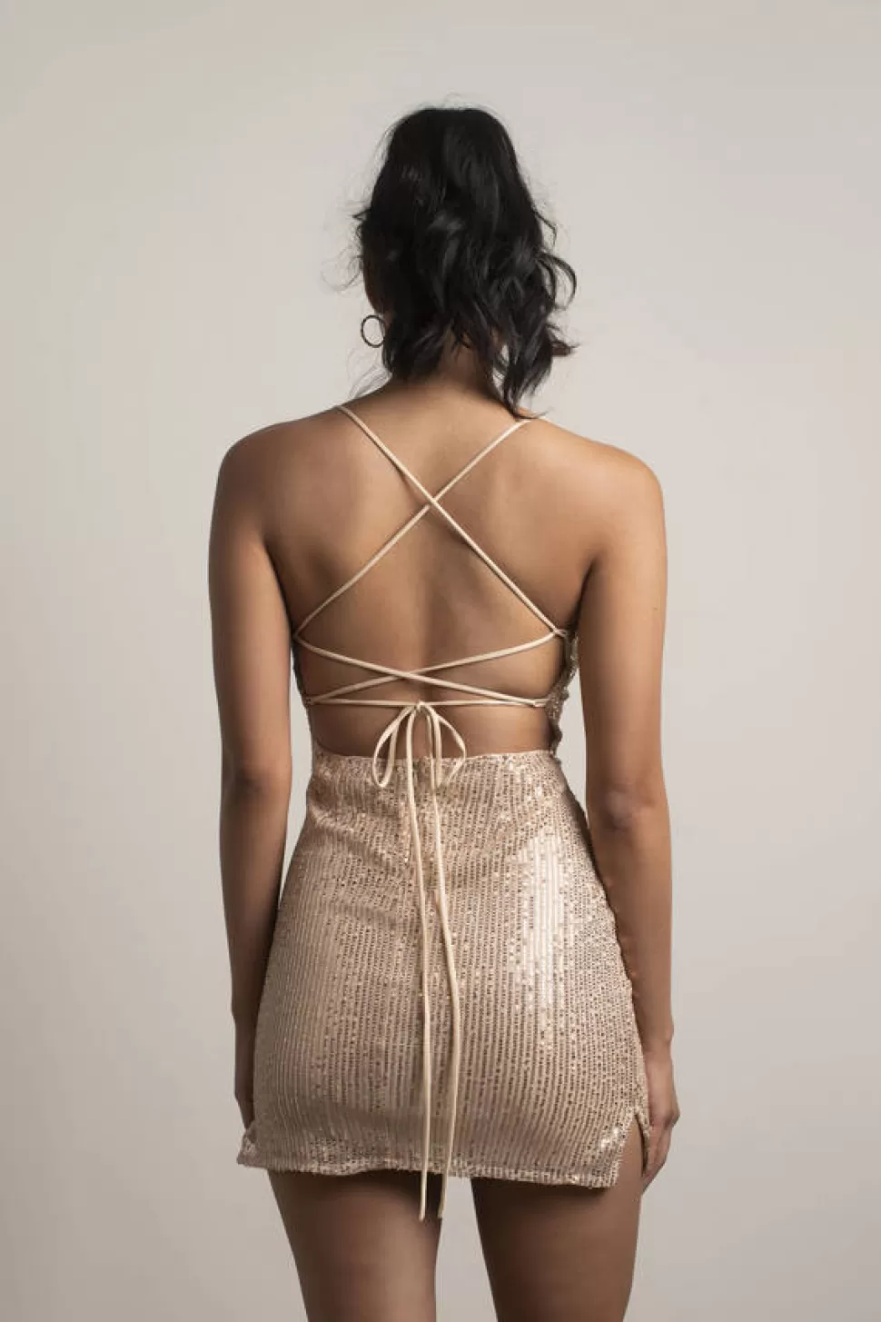 Bodycon Dresses*Tobi Show Out Sequins Back Lace Up Bodycon Mini Dress Rose Gold