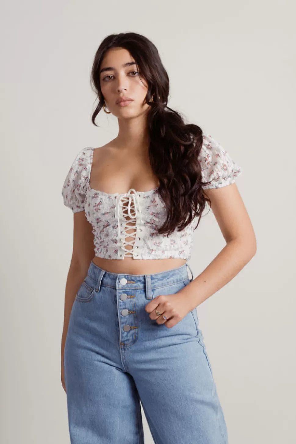 Puff Sleeve Tops*Tobi Siena Floral Lace-Up Puff Sleeve Crop Top Off White