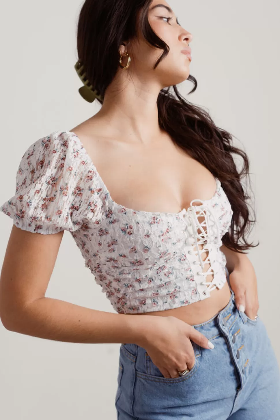 Puff Sleeve Tops*Tobi Siena Floral Lace-Up Puff Sleeve Crop Top Off White