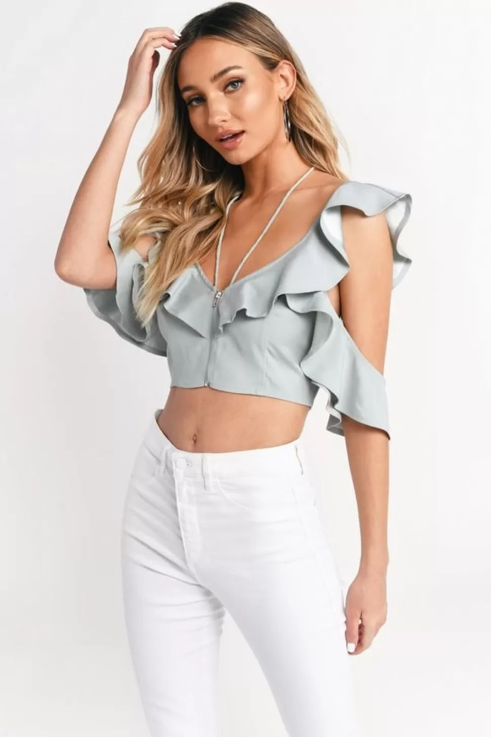 Going Out Tops*Tobi Simone Tiered Ruffle Satin Crop Top Mint | Ivory