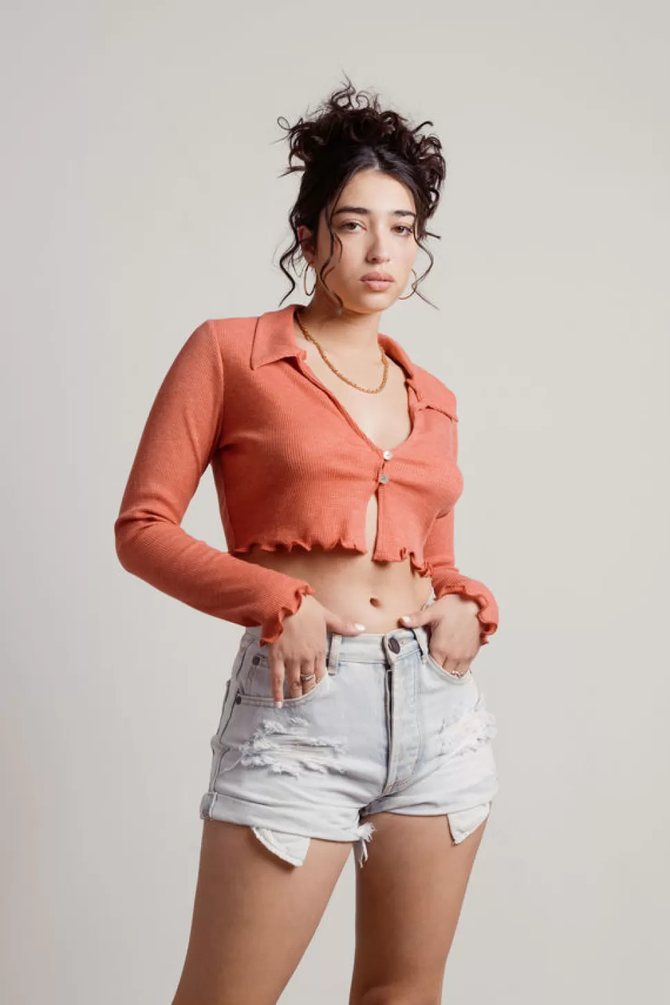 Red Tops*Tobi Sivir Thermal Collared Button Crop Top Dusty Red