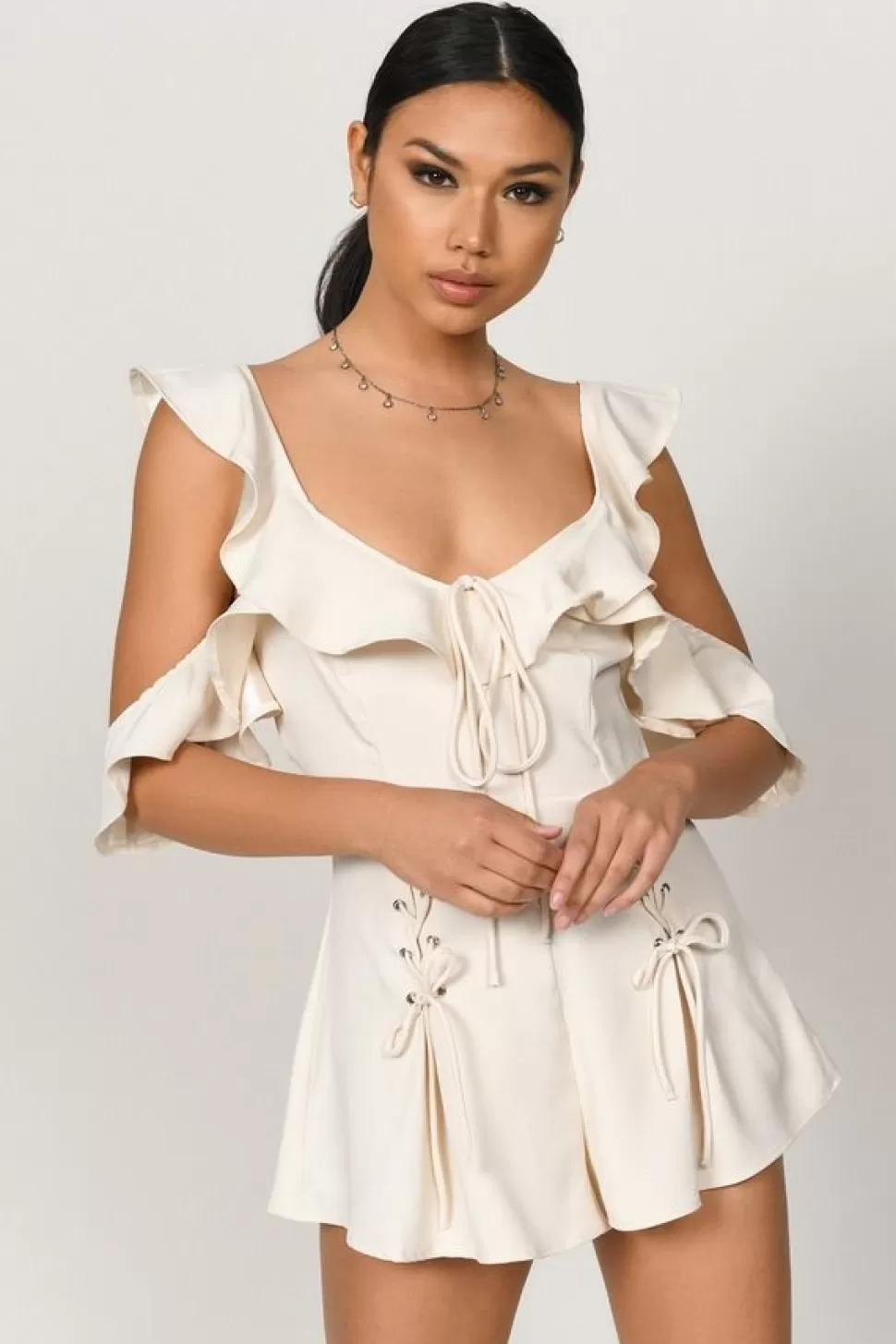 Rompers & Jumpsuits*Tobi Sloan Tiered Ruffle Lace Up Satin Romper Ivory