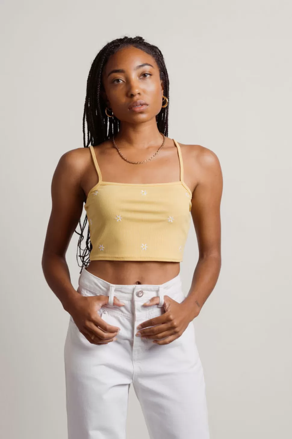 Crop Tops*Tobi Smooth Like Butter Floral Embroidered Crop Tank Top Yellow