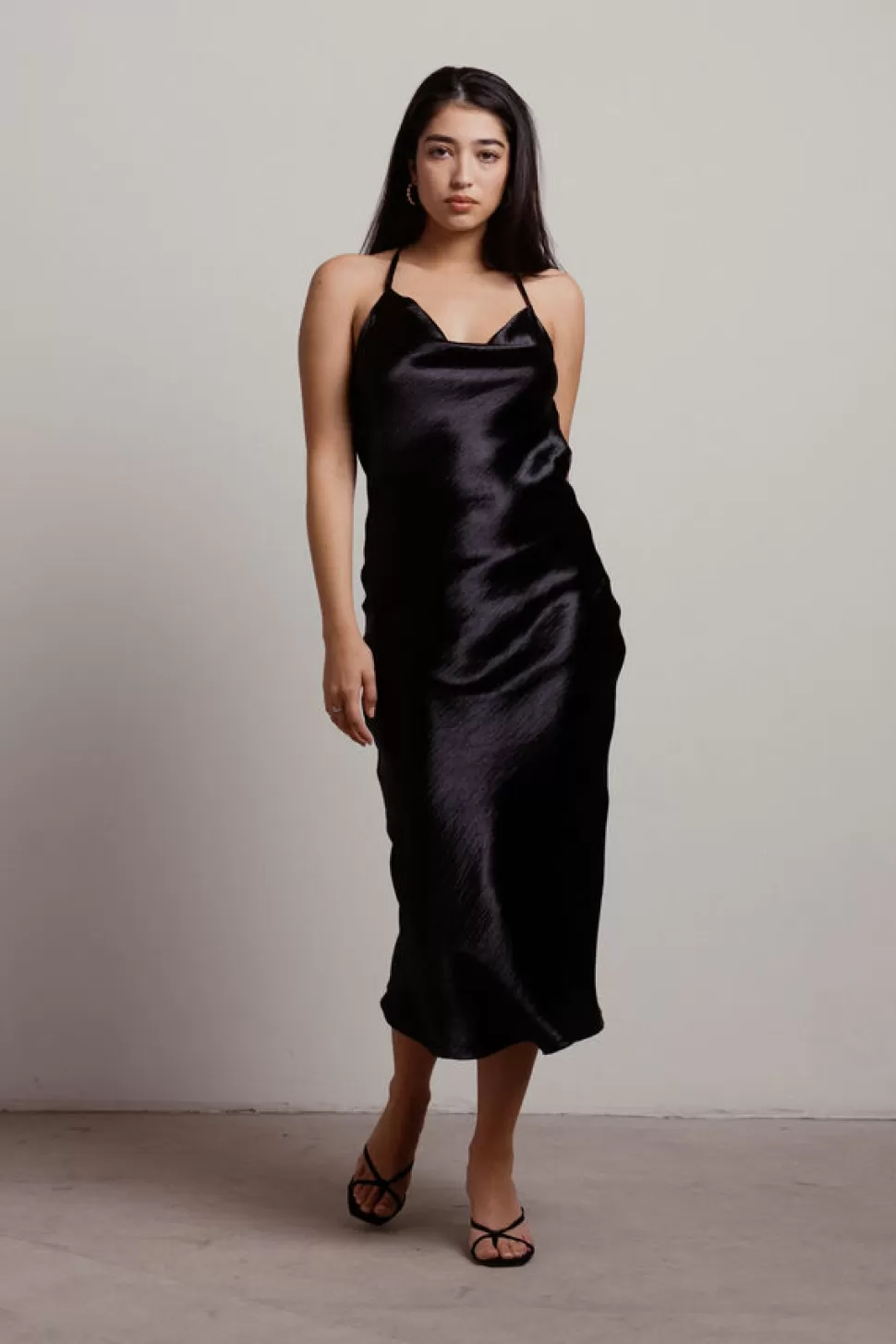 Black Tie & Evening Dresses*Tobi So Shiny Satin Cowl Neck Cross Back Midi Dress Black