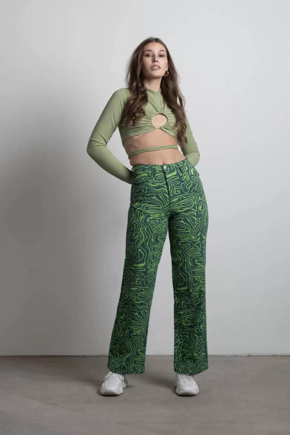 Pants*Tobi So Wavy Abstract Straight Leg Pants Green Multi | Tan Multi