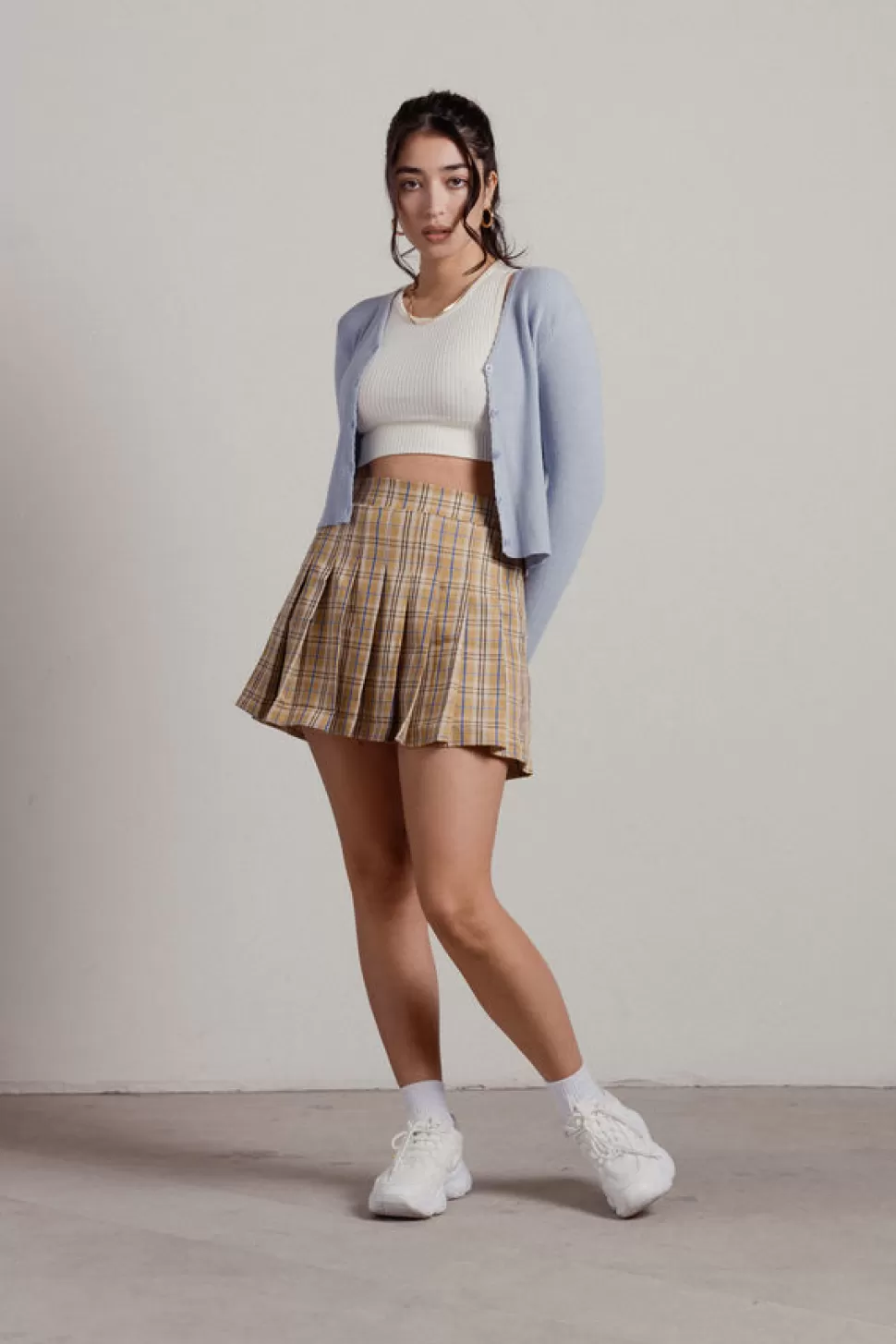 Skirts*Tobi So What Pleated Plaid Mini Skirt Tan | Lilac