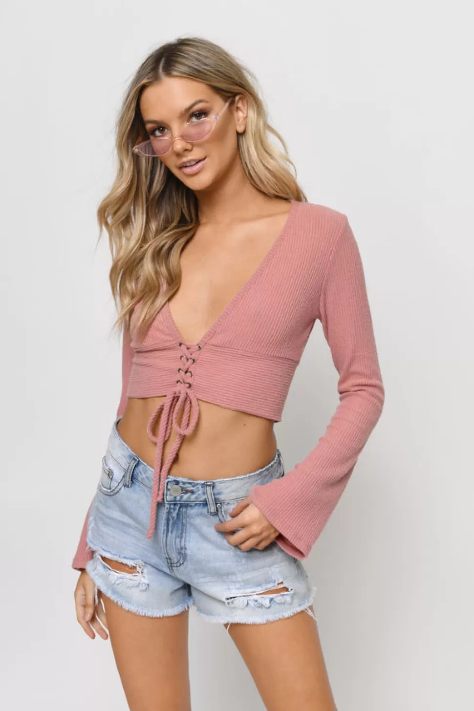 Long Sleeve Tops*Tobi Socal Plunging Ribbed Crop Top Blush | Black