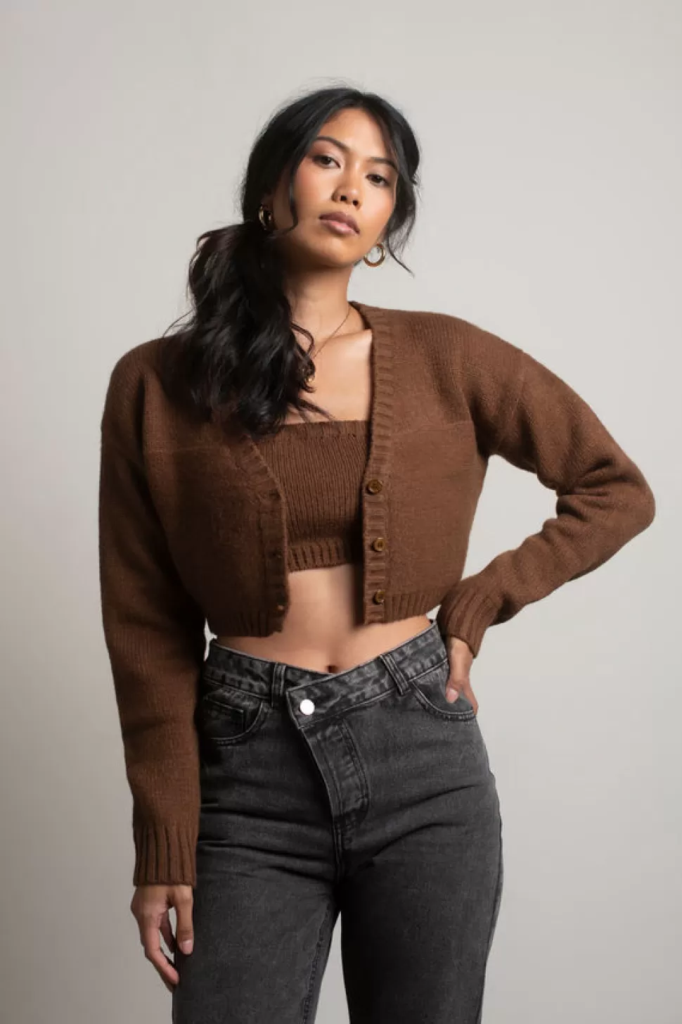 Crop Tops*Tobi Sofie Sweater Tube Top & Cropped Cardigan Set Chocolate Brown | Ivory | Sage