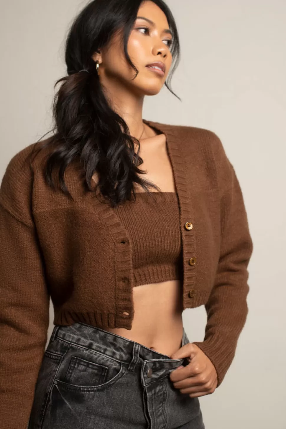 Crop Tops*Tobi Sofie Sweater Tube Top & Cropped Cardigan Set Chocolate Brown | Ivory | Sage