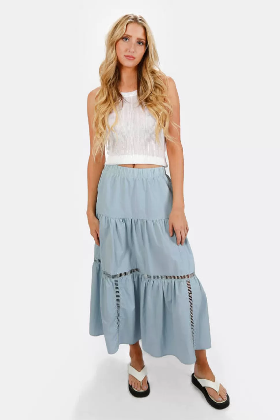 Skirts*Tobi Solenn Tiered Long Skirt With Lace Trim Light Blue