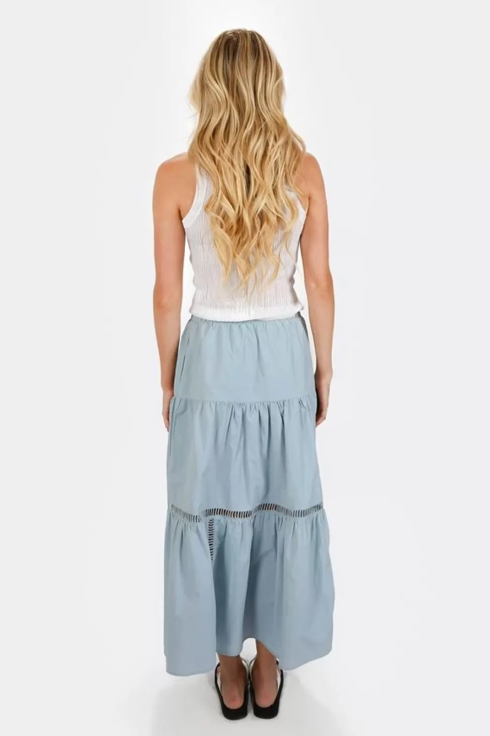 Skirts*Tobi Solenn Tiered Long Skirt With Lace Trim Light Blue