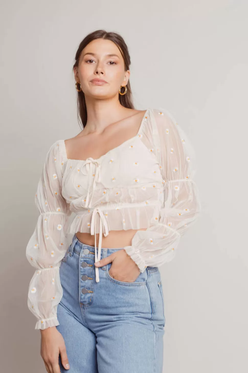 Puff Sleeve Tops*Tobi Sora Floral Embroidered Puff Sleeve Crop Top Beige