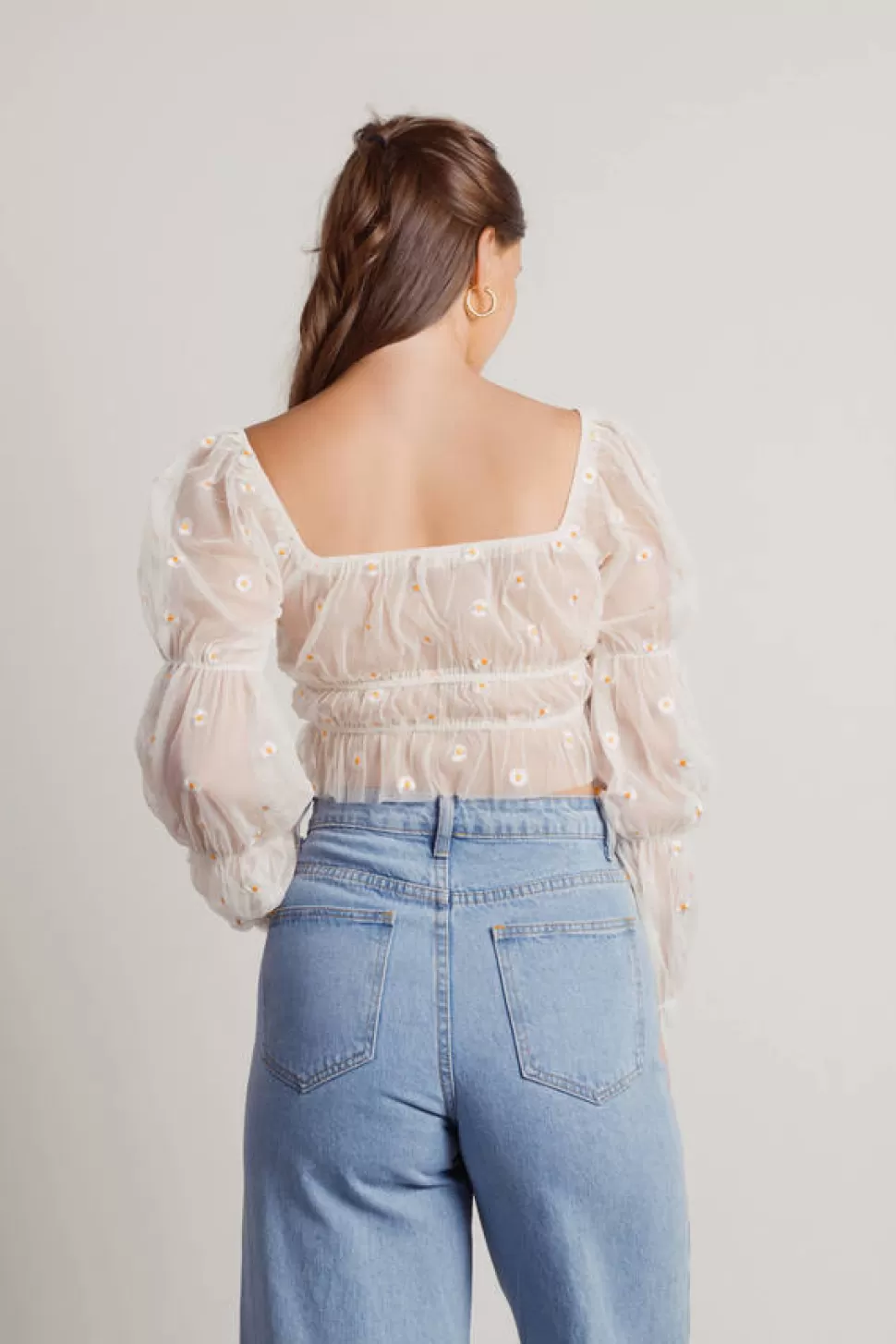 Puff Sleeve Tops*Tobi Sora Floral Embroidered Puff Sleeve Crop Top Beige