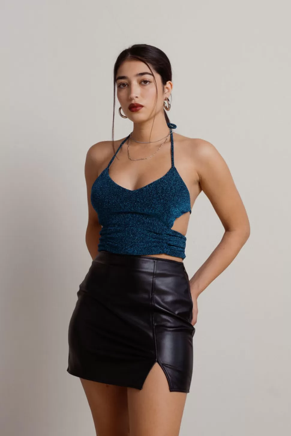 Going Out Tops*Tobi Sparkle And Glow Lurex Ruched Tie Halter Crop Top Black-Teal | Pink-Silver