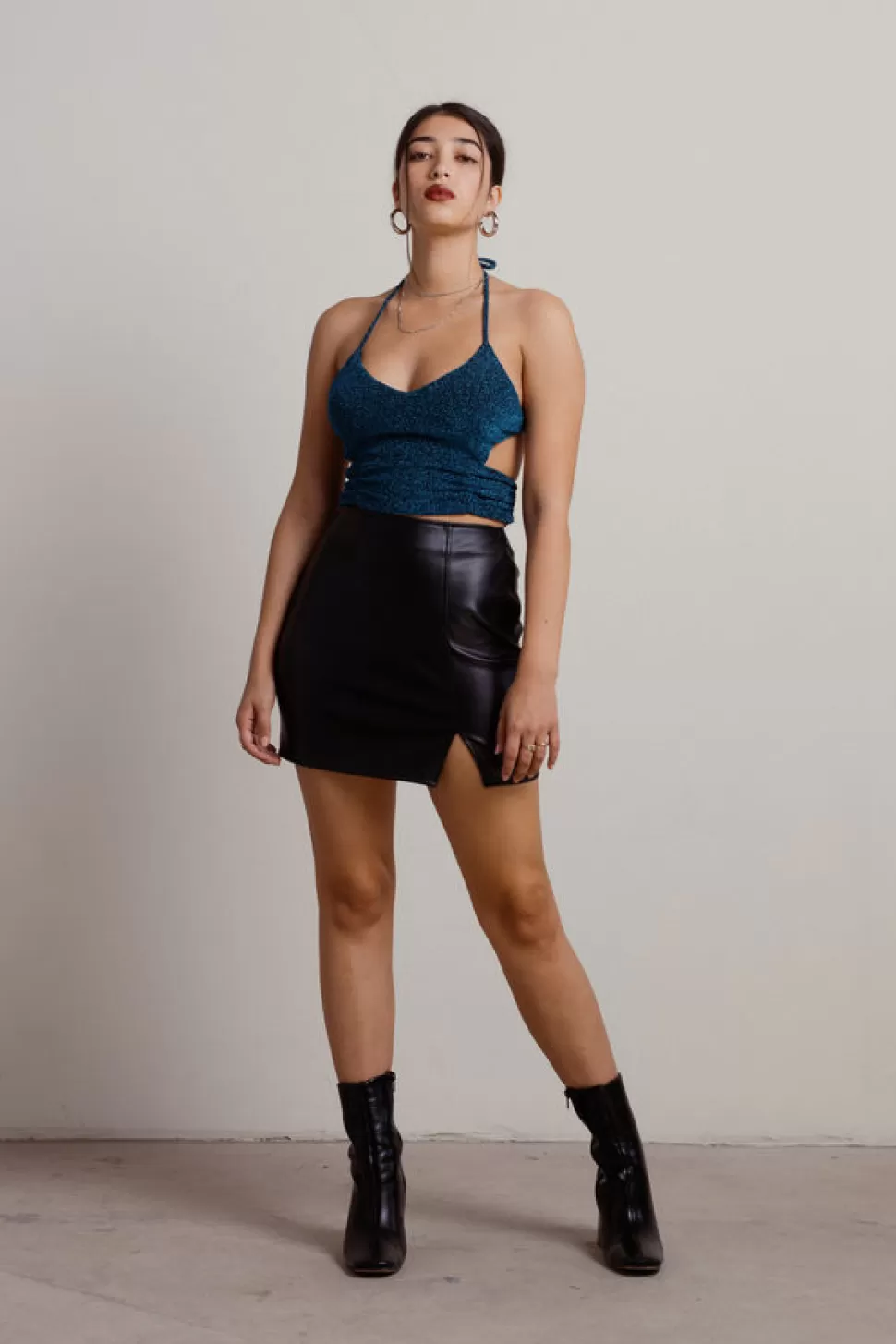 Going Out Tops*Tobi Sparkle And Glow Lurex Ruched Tie Halter Crop Top Black-Teal | Pink-Silver