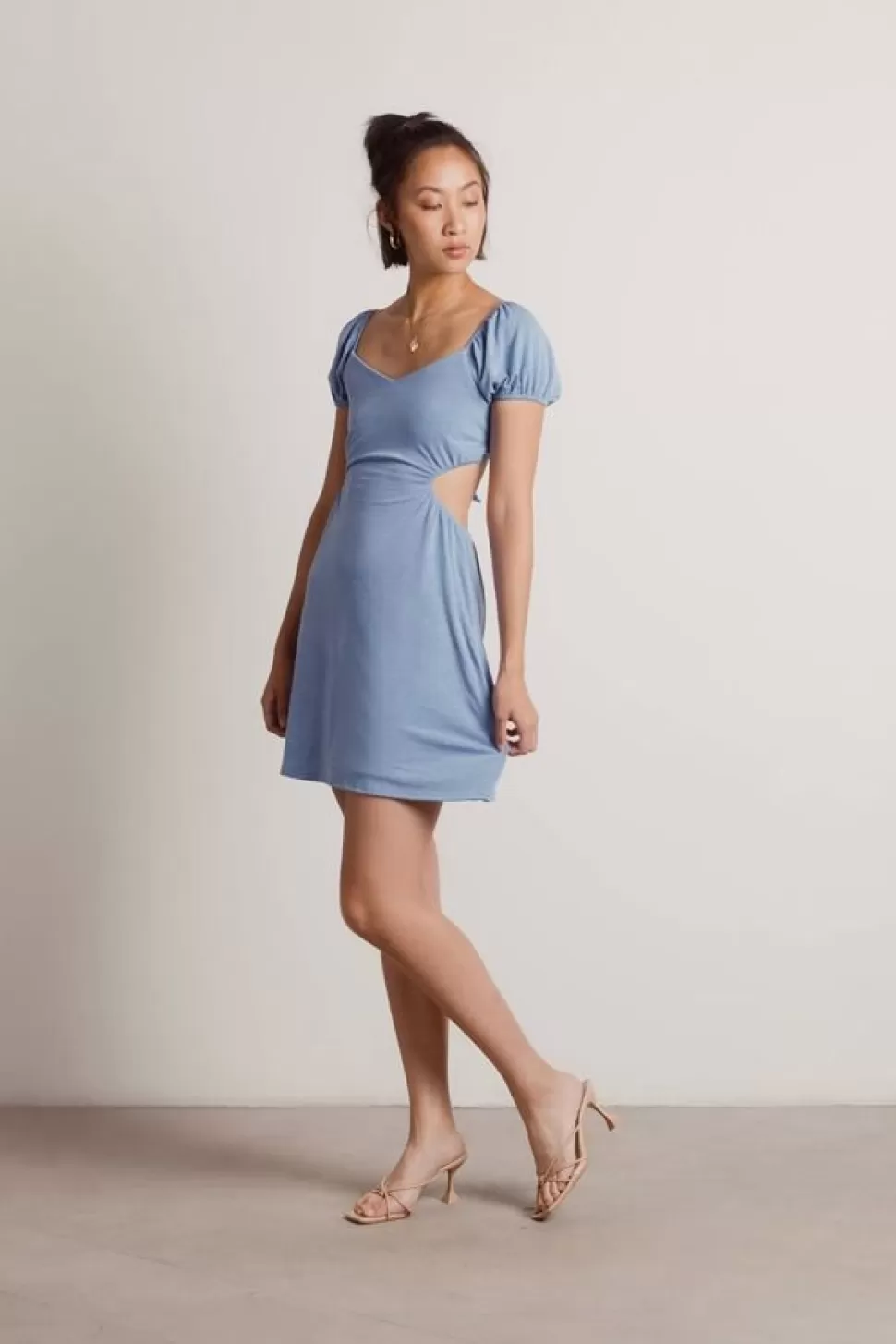 Cut Out Dresses*Tobi Stacie Puff Sleeve Back Cutout Mini Dress Blue