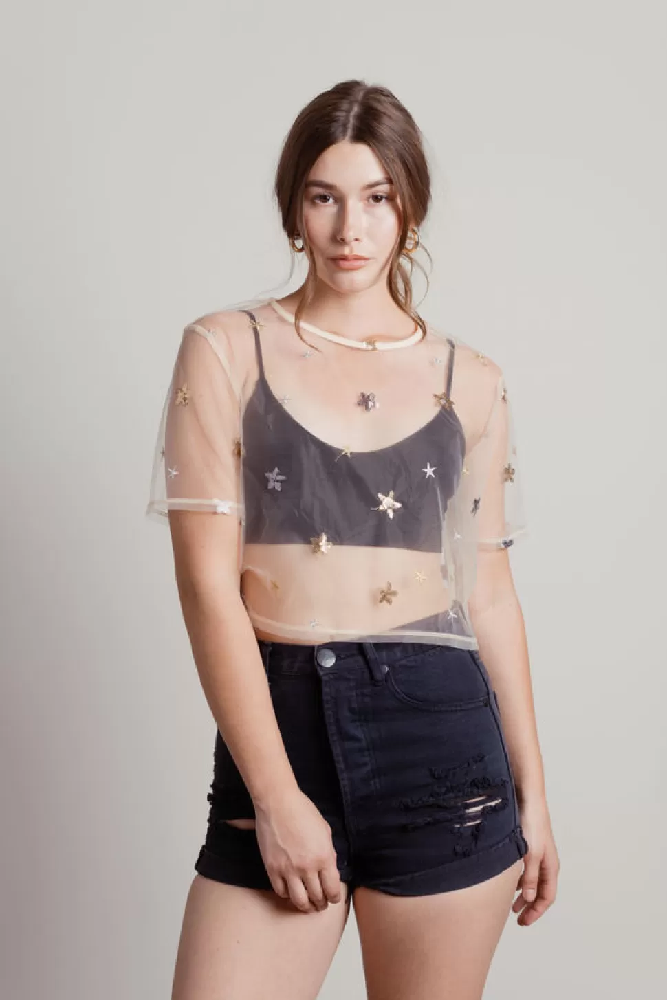 Mesh Tops*Tobi Starry Night Embellished Top Cream