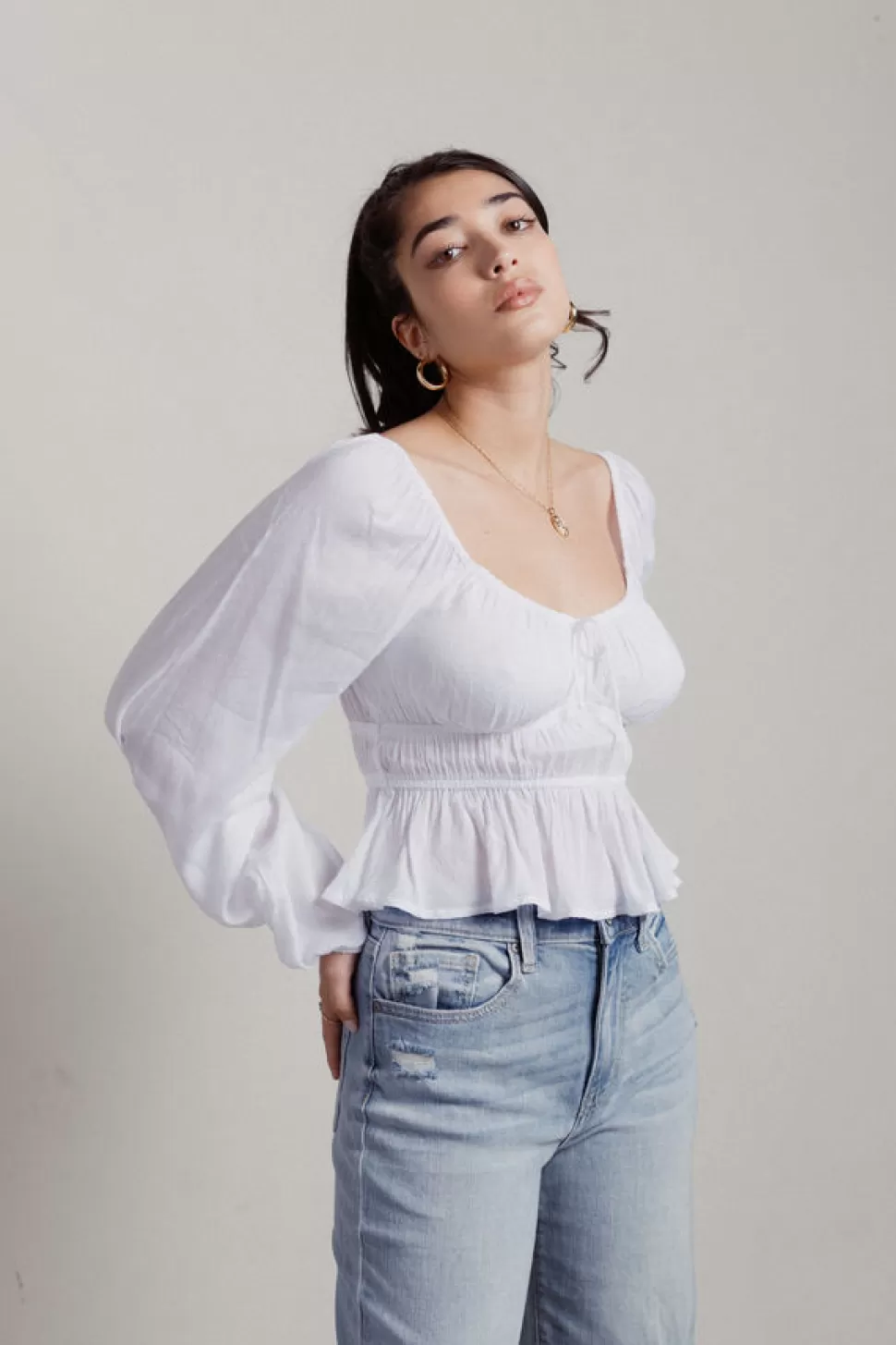 Puff Sleeve Tops*Tobi Start Again Ruched Ruffle Long Sleeve Crop Top White