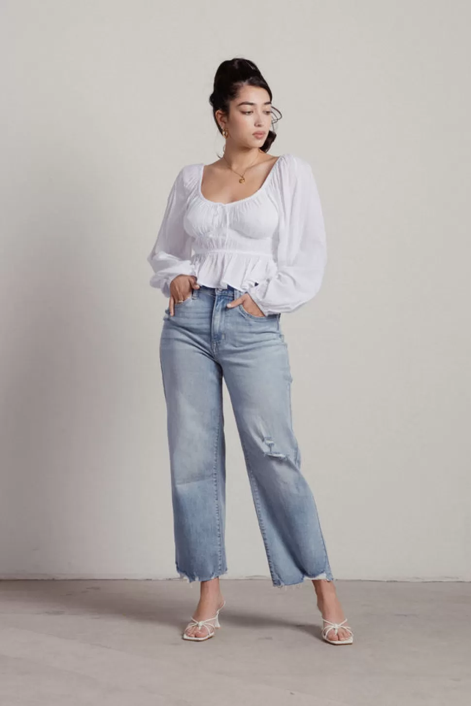 Puff Sleeve Tops*Tobi Start Again Ruched Ruffle Long Sleeve Crop Top White