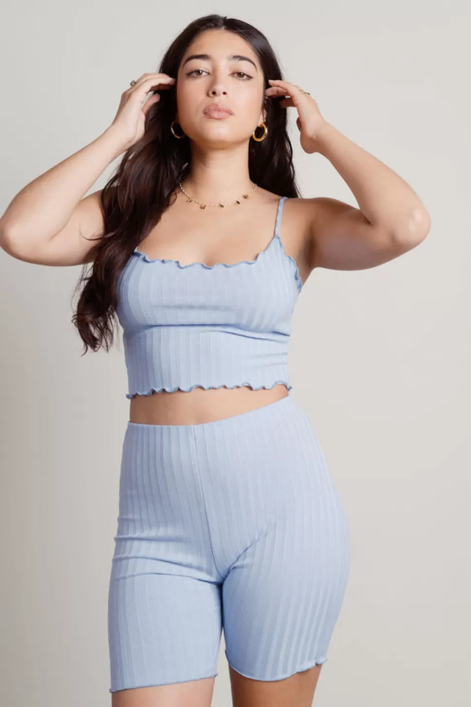 Shorts*Tobi Stay Up Ribbed Crop Top And Shorts Set Sky Blue