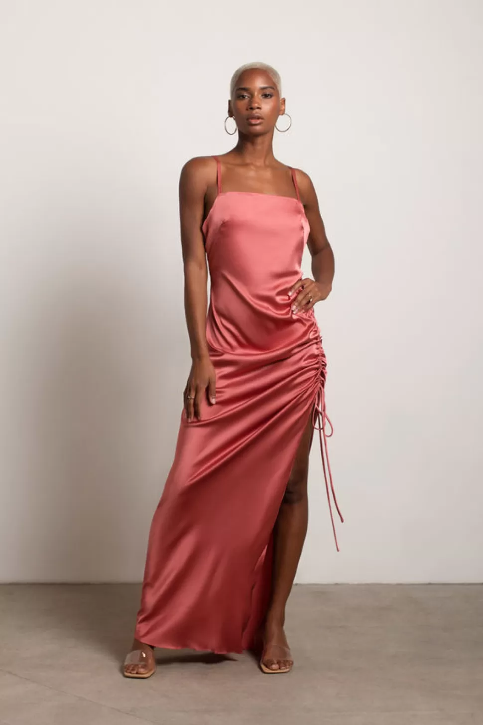 Black Tie & Evening Dresses*Tobi Stellar Satin Ruched Side Slit Maxi Dress Dusty Rose | Sage