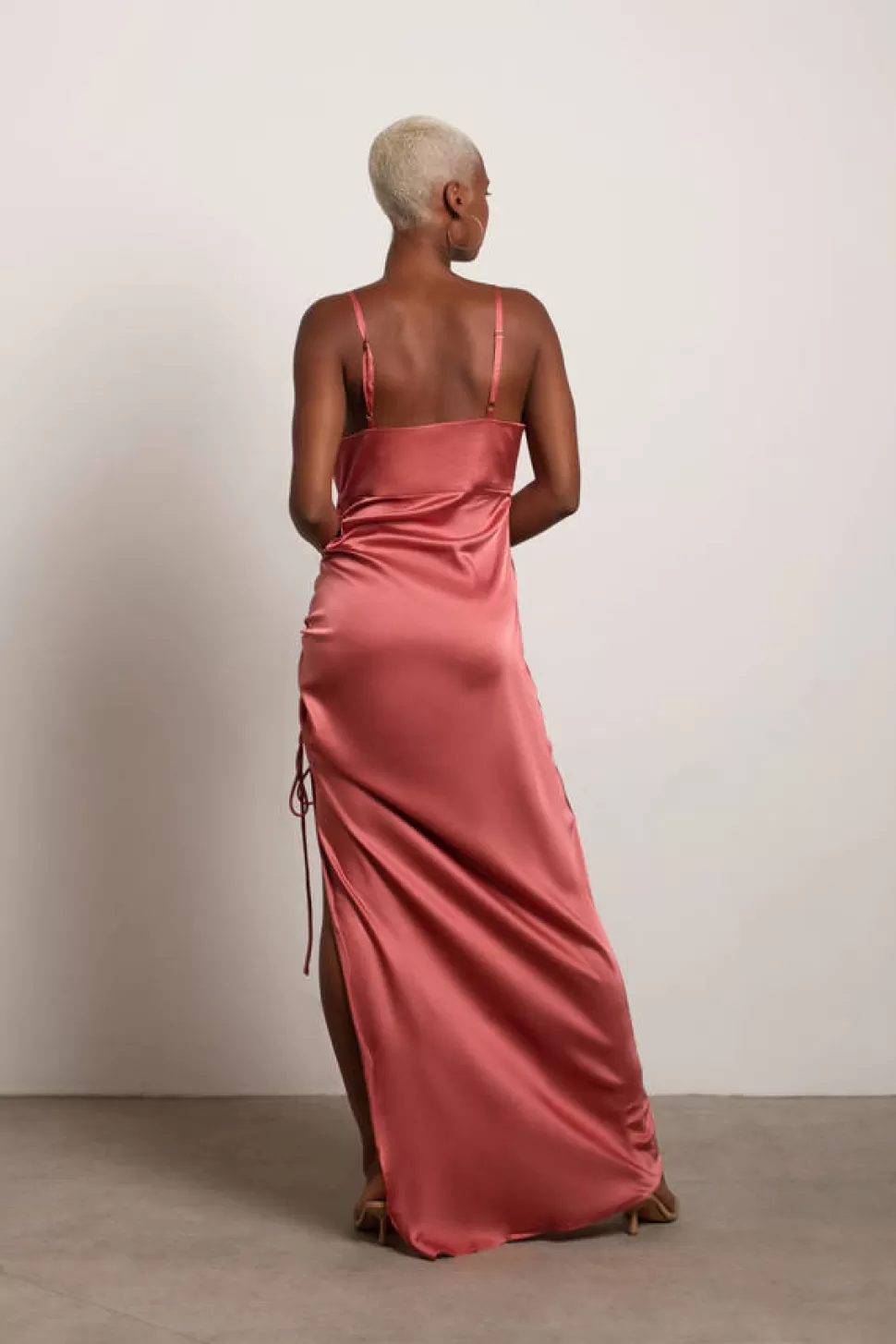 Black Tie & Evening Dresses*Tobi Stellar Satin Ruched Side Slit Maxi Dress Dusty Rose | Sage