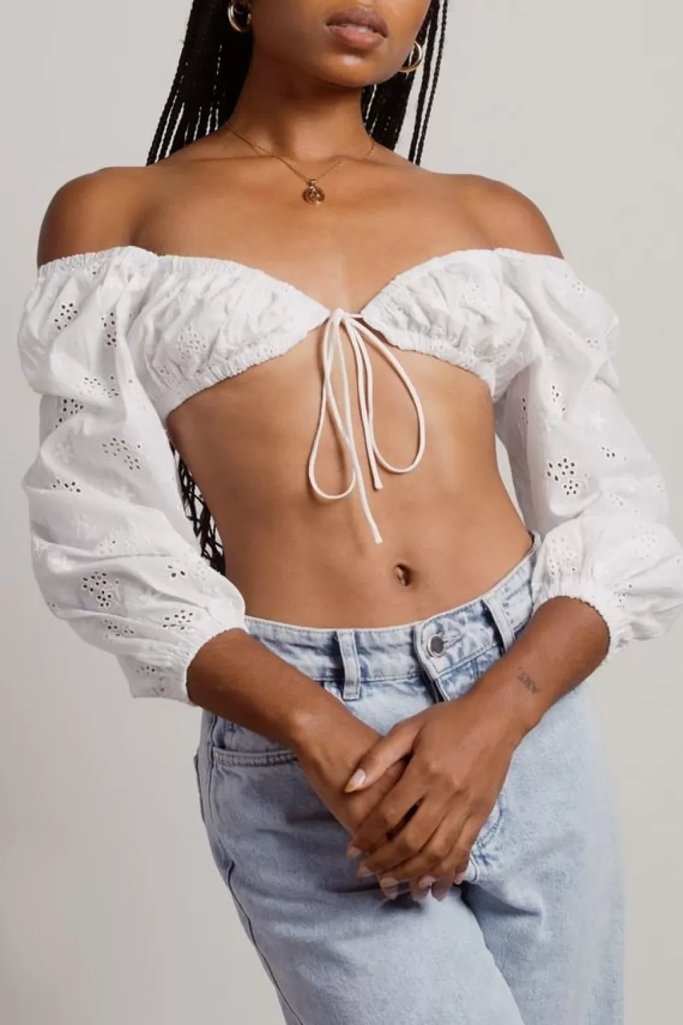 Long Sleeve Tops*Tobi Step It Up Eyelet Bra Crop Top Off White