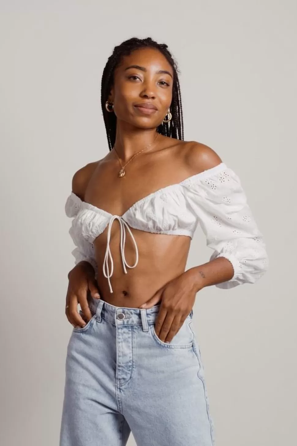 Long Sleeve Tops*Tobi Step It Up Eyelet Bra Crop Top Off White