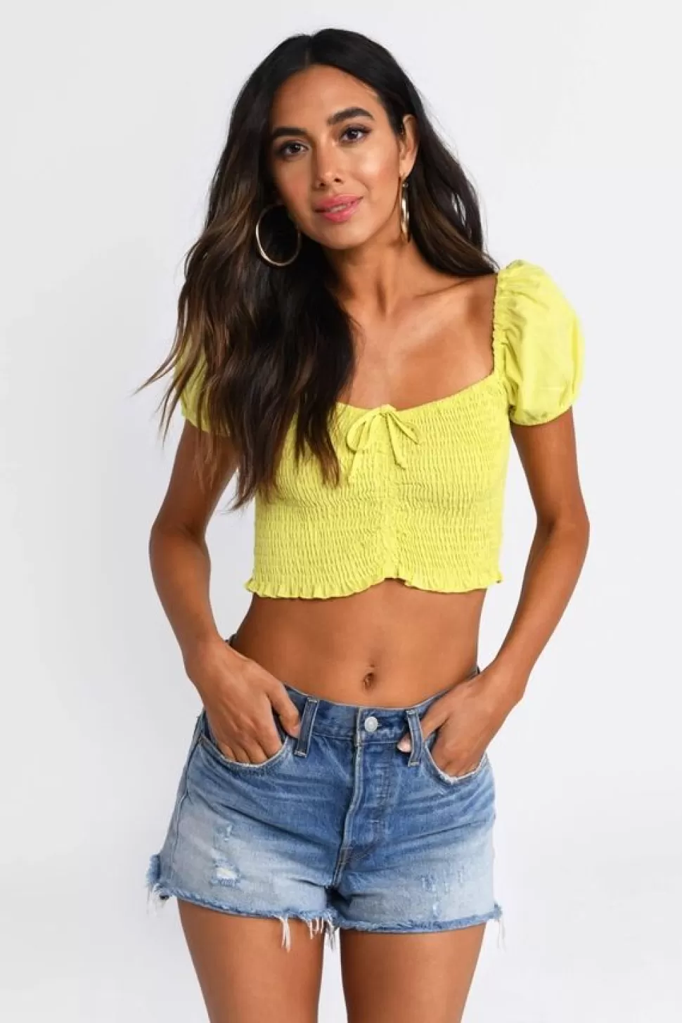 Puff Sleeve Tops*Tobi Sunshine Puff Sleeve Smocked Crop Top Yellow