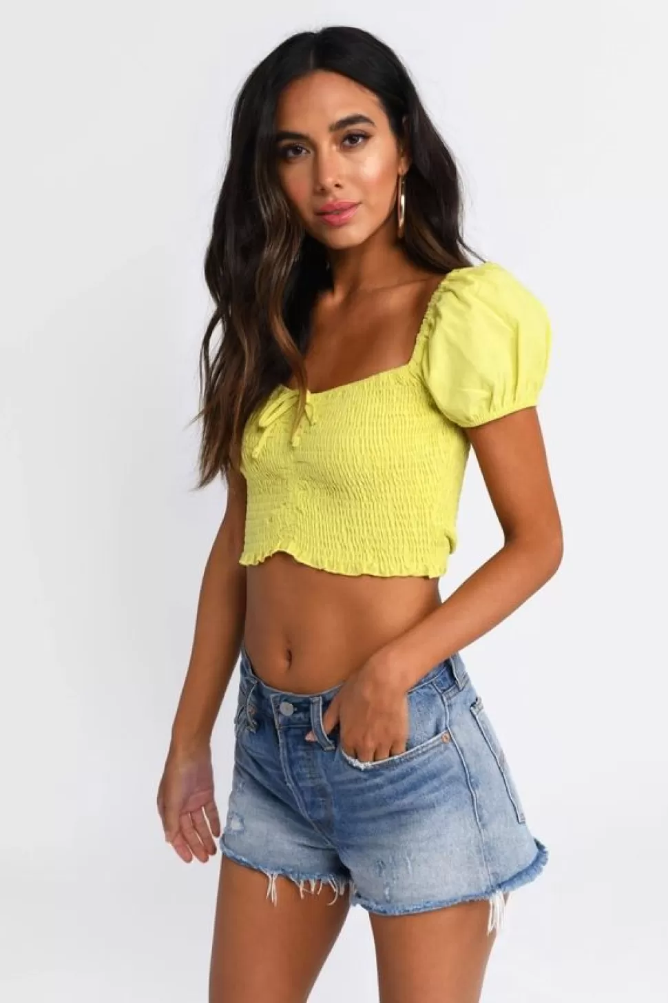 Puff Sleeve Tops*Tobi Sunshine Puff Sleeve Smocked Crop Top Yellow