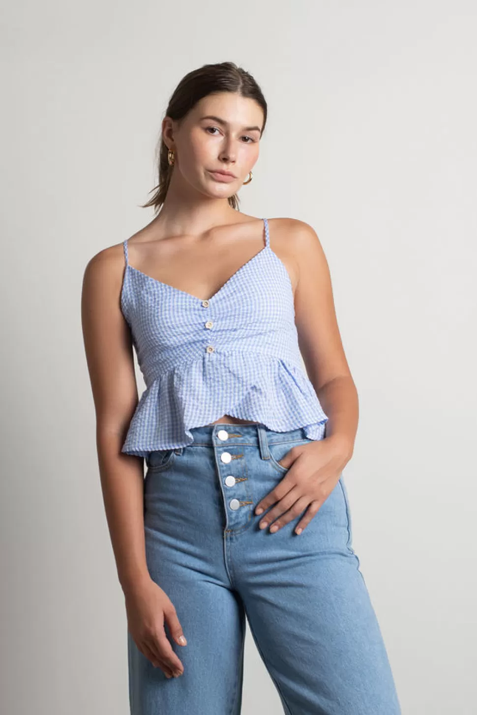 Crop Tops*Tobi Sweet Citrus Gingham Surplice Crop Tank Top Light Blue | Orange